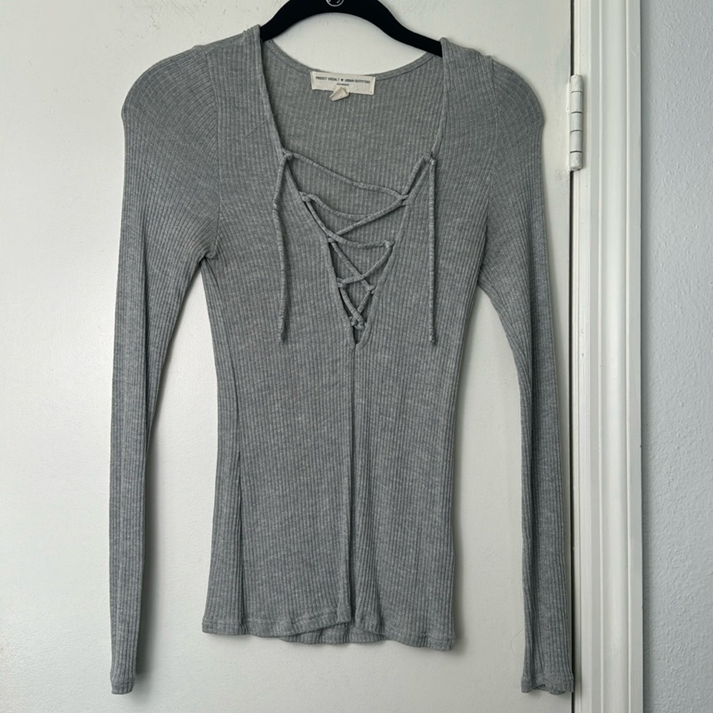 Project Social T Urban Outfitters Fitted Ribbed Long Sleeve Lace Up Tee Size S